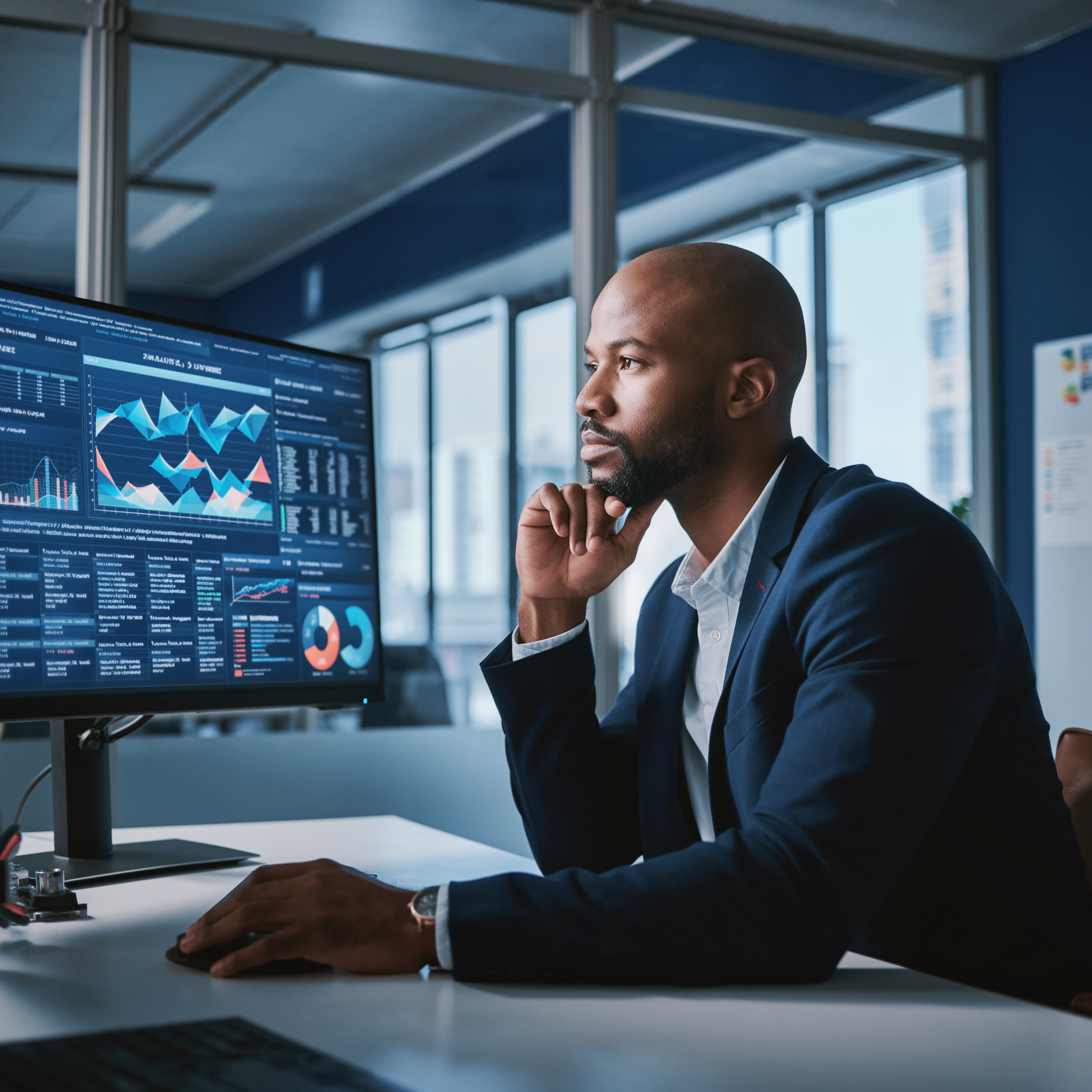 Businessman Analyzing Detailed Graphs on Large Monitor